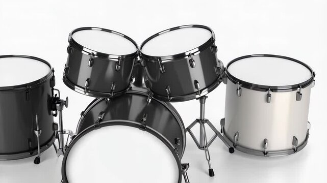 Studio shot of a drum kit with five pieces against a clean white backdrop for music performance visuals, studio band setup and rehearsal scenes