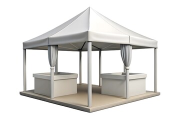 White tent gazebo with two display tables on a beige platform isolated on white background