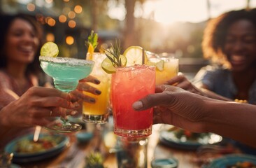 Friends clinking vibrant cocktails together during a joyful outdoor gathering at sunset.