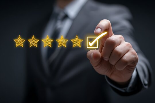 Vibrant photo of businessman holds an illuminated checkmark in his hand and is looking at it, with five yellow stars in the background. This high-quality photograph emphasizes.