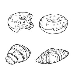 Delicious pastries, sweet rolls and croissants, donut with icing, a black and white ink sketch. Vector illustration. Set from bakery and pastry shop, isolated on a white background. The bitten donut