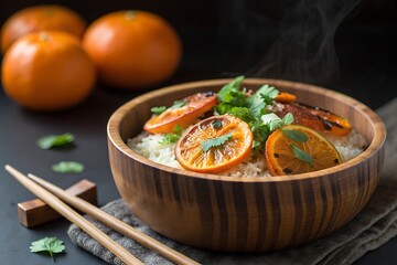 Wooden bowl of rice with grilled orange slices and fresh herbs with chopsticks food