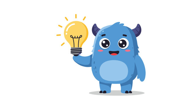 Cute monster with light bulb vector illustration: fun concept in flat style for kids' design, card, or poster - Powered by Adobe