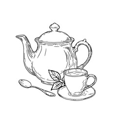 A porcelain teapot and a cup of coffee, a black and white ink sketch. Vector illustration. Tea composition, with tea tree leaves, a spoon and a mug on a saucer, isolated on a white background