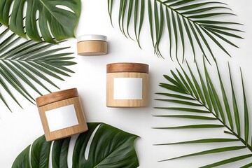 Wooden containers with blank labels surrounded by green tropical leaves on a white background