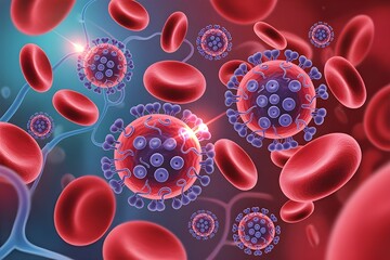 HIV Virus in Bloodstream – Medical 3D Illustration.Human Immunodeficiency Virus Flowing in Blood – Scientific Visualization.