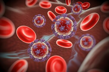 HIV Virus in Bloodstream – Medical 3D Illustration.Human Immunodeficiency Virus Flowing in Blood – Scientific Visualization.