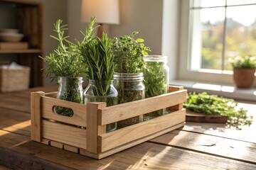 Wooden crate with glass jars filled with fresh green herbs on a rustic wooden table