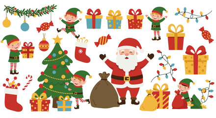 Cheerful christmas scene with santa and elves: vector illustration for holiday cards and posters in flat style