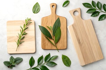 Wooden cutting boards with green leaves arranged on a light textured surface overhead view