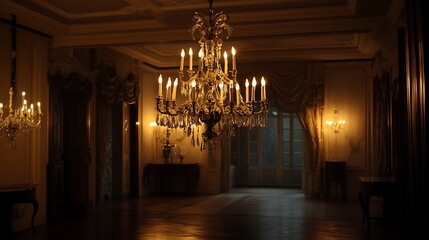Fototapeta premium Splendid chandelier with lit candles in a beautiful room of an old mansion