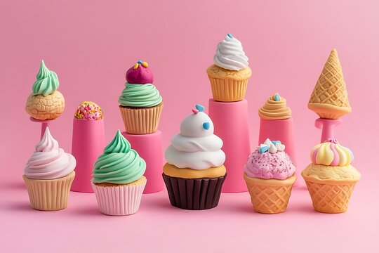 Clay cupcakes, pies, and ice cream cones arranged on pink surface - Powered by Adobe