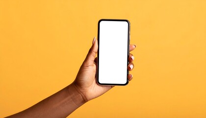 Dark skin hand presents a blank smartphone on a yellow background for product display or promotion.