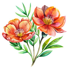 Watercolor Painting of Two Orange Flowers with Green Leaves