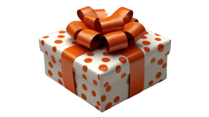 A gift box with an orange ribbon and white polka dots