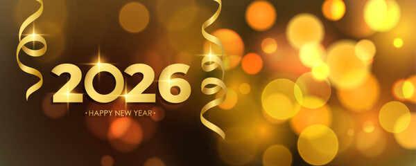 2026 Happy New Year celebration background. Gold ribbons and bright blurred bokeh lights. Vector illustration.	