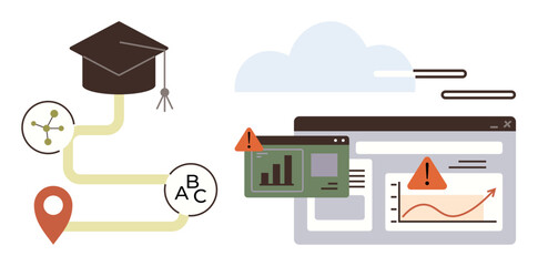 Graduation cap, learning path, location pin, web browser with data charts and alerts. Ideal for education, data analysis, digital learning, challenges, success planning online tools simple flat