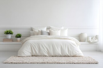 Cozy bedroom interior featuring a plush white comforter, decorative pillows, and a soft rug, complemented by green plants and minimalist decor, creating a serene and inviting atmosphere