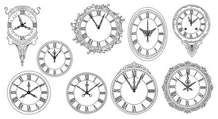 Vintage clock faces vector illustration - classic design for timeless decor