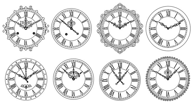 Vintage clock designs vector illustration for decorative projects in line art style