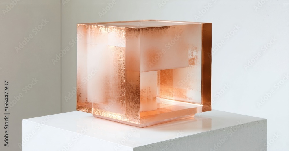 Poster sculpture features layered glass blocks. copper tones dominate, creating geometric form. minimalist 