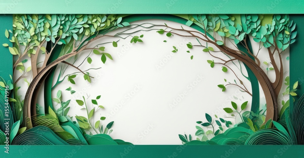 Poster papercraft forest scene. lush greenery forms archway, creating inviting space. minimalist design, ca