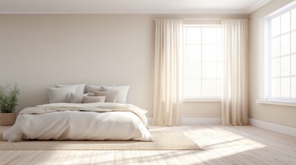 Cozy bedroom featuring a large bed adorned with soft pillows and a warm blanket, illuminated by natural light streaming through large windows, creating a serene and inviting atmosphere for relaxation