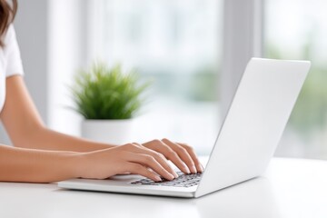 Fototapeta premium Woman's hands typing on a sleek laptop computer, positioned on a minimalist desk with a small potted plant in the background, creating a modern workspace atmosphere for productivity and focus