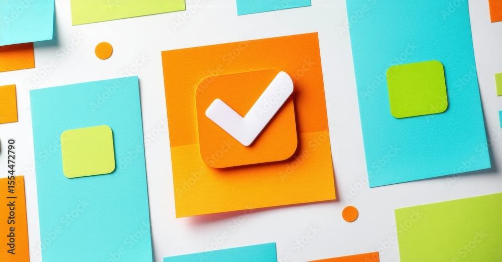 Poster colorful paper layers create abstract composition. orange square features white checkmark symbol, su