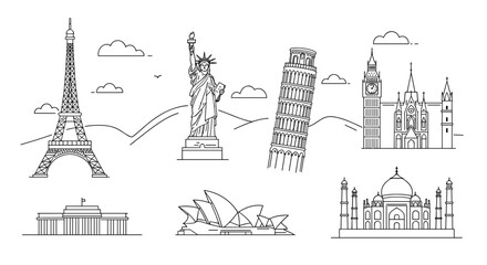 Fototapeta premium Famous landmarks line vector illustration for travel and tourism design