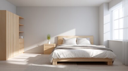 Modern bedroom interior featuring a wooden bed with soft bedding, minimalist decor, natural light streaming through large window, and a cozy atmosphere ideal for relaxation and comfort
