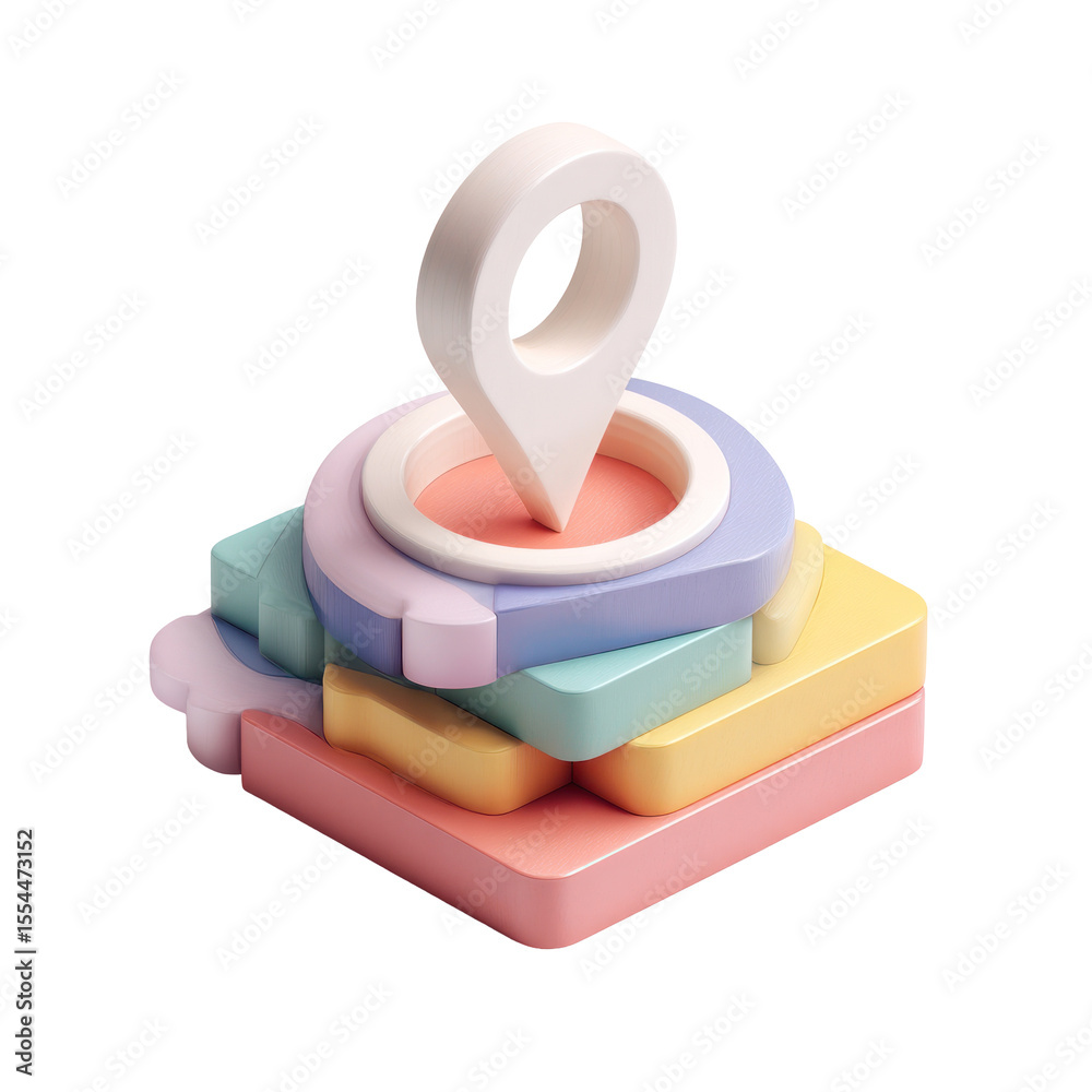 Poster 3d vector illustration of colorful map pin on stacked layers of abstract shapes for navigation conce