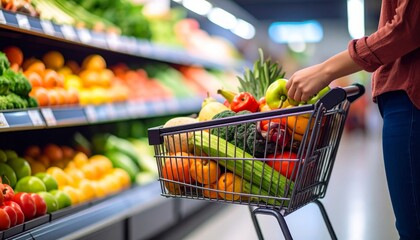 woman in a supermarket buys groceries, pushing a cart with fruits and vegetables