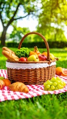 A healthy summer picnic basket brimming with fresh red apples, green grapes, and ripe yellow and orange fruits