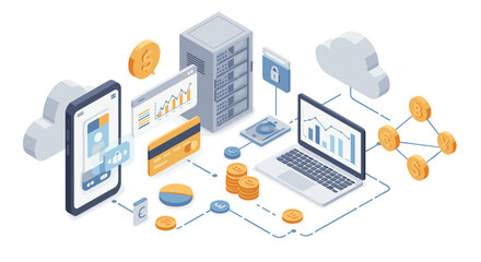 Obraz premium Financial technology network vector illustration: flat style for digital currency and data security design