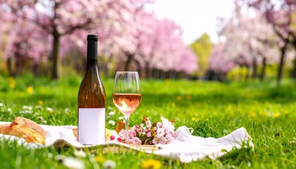  garden or park picnic featuring a wine bottle, glasses, and a delicious spread of food and grapes for a perfect celebration