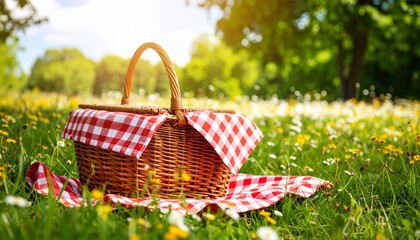 A wicker picnic basket filled with fruit and flowers on the green grass in summer