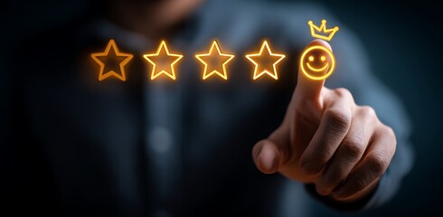 Vibrant photo of person's hand with five stars and a crown above it, a smiling face on the finger, against a dark background. The person gives a positive customer review of a.