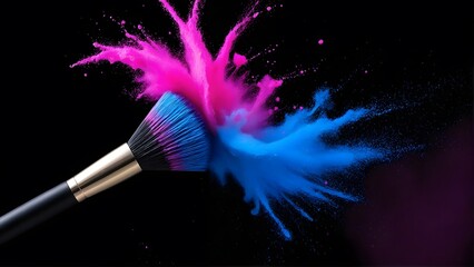 Fototapeta premium Pink & Blue Powder Explosion with Makeup Brush
