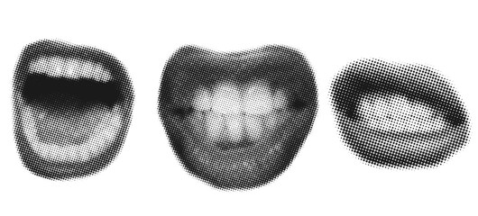 Set of screaming  female mouths in retro halftone style,trendy collage elements cut out from paper