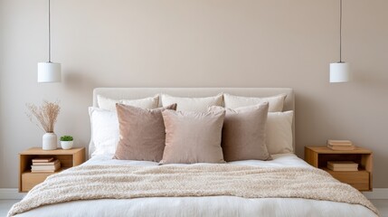 Cozy modern bedroom featuring a plush white bed adorned with soft pillows, warm beige tones, stylish pendant lights, and minimalist wooden nightstands, creating a serene and inviting atmosphere 