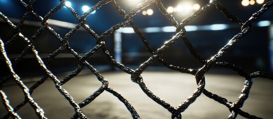 Fototapeta premium Nighttime MMA Cage, Lights Blurred Through Metal Mesh