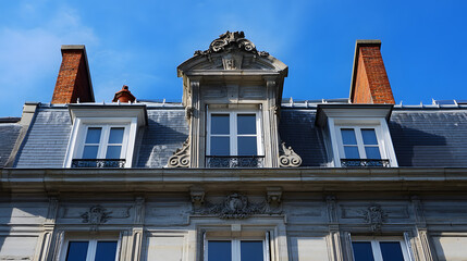 Rooftop angle and facade of an old building in Lille, France, against a blue sky background.