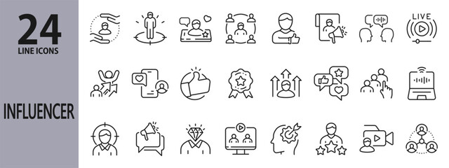 Influencer line icons set with Media, Content, Followers, Marketing, Comment, Audience and more. Editable Stroke
