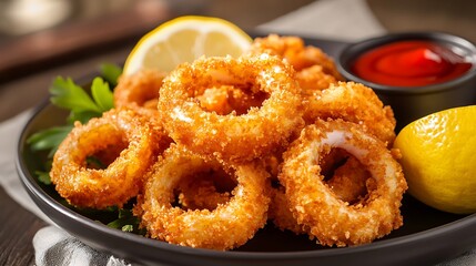 Squid rings fried in breadcrumbs on a plate with ketchup and lemon