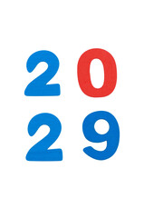 testo data 2029 con sagoma di lettere realizzate in legno colorato isolate su sfondo bianco o...