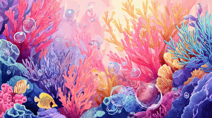 Colorful underwater watercolor art pattern with coral and fish