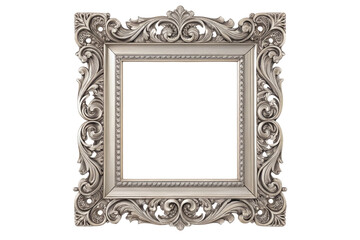 Ornate silver decorative picture frame with intricate scrollwork isolated on transparent background