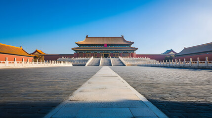 A magnificent ancient Chinese palace on an empty street surrounded by white walls and red tiles. Illustration of popular places in the world.