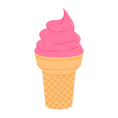 Strawberry ice cream cone. Flat vector isolated illustration